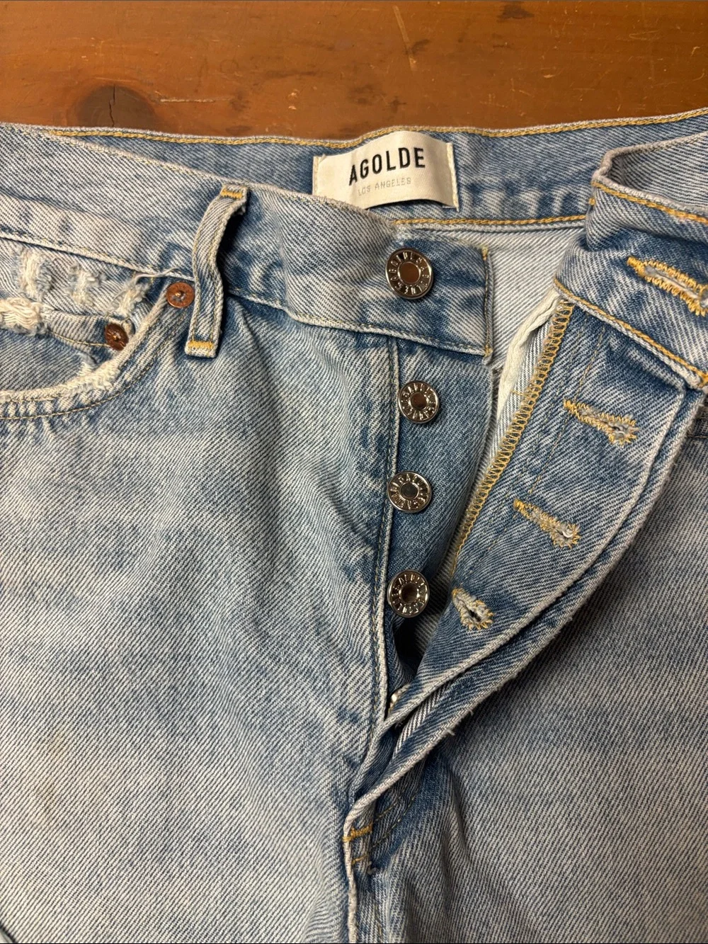 Agolde Light Wash Distressed Denim Shorts